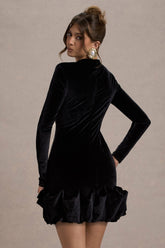 Black Velvet Long-Sleeved Ruffled Mini Dress